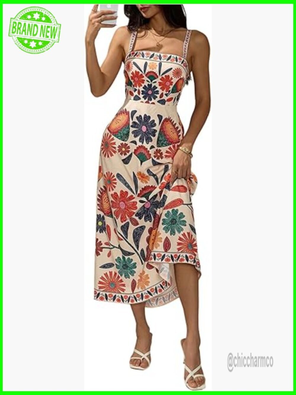 Women's Boho Backless Floral Maxi Sun Dress Square Neck Sleeveless